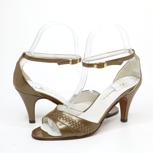 Vintage Fabiosi Olive Green Brown Leather Ankle Strap Peep Toe Pumps Skinny Heel - Picture 2 of 10
